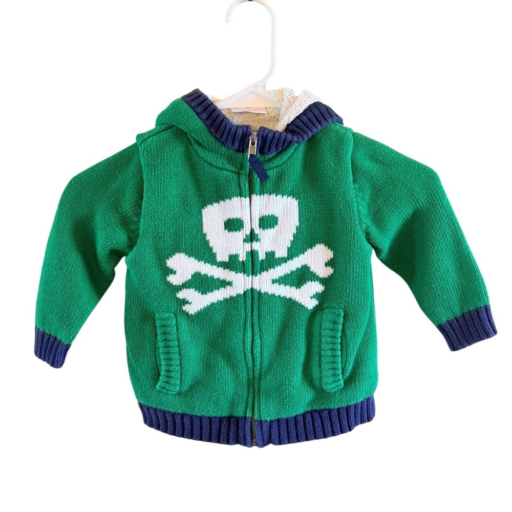 Hanna Andersson Baby Zip Up Hoodie Sz 80 (12-24M) Skull Kelly Green Fleece Lined